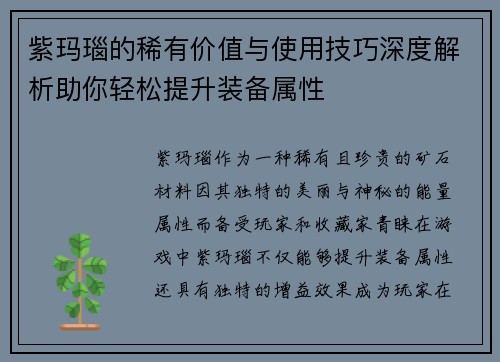 紫玛瑙的稀有价值与使用技巧深度解析助你轻松提升装备属性 紫玛瑙的稀有价值与使用技巧深度解析助你轻松提升装备属性